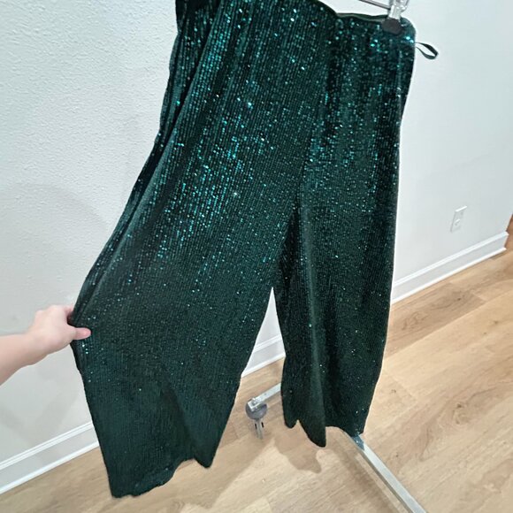 NWOT 2X Sparkly High Waist Wide Leg Sequin Pants, Emerald Green - Picture 1 of 5